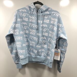 Cali 1850‎ Hoodie Size XS Light Blue White Grafitti Design Long Sleeve